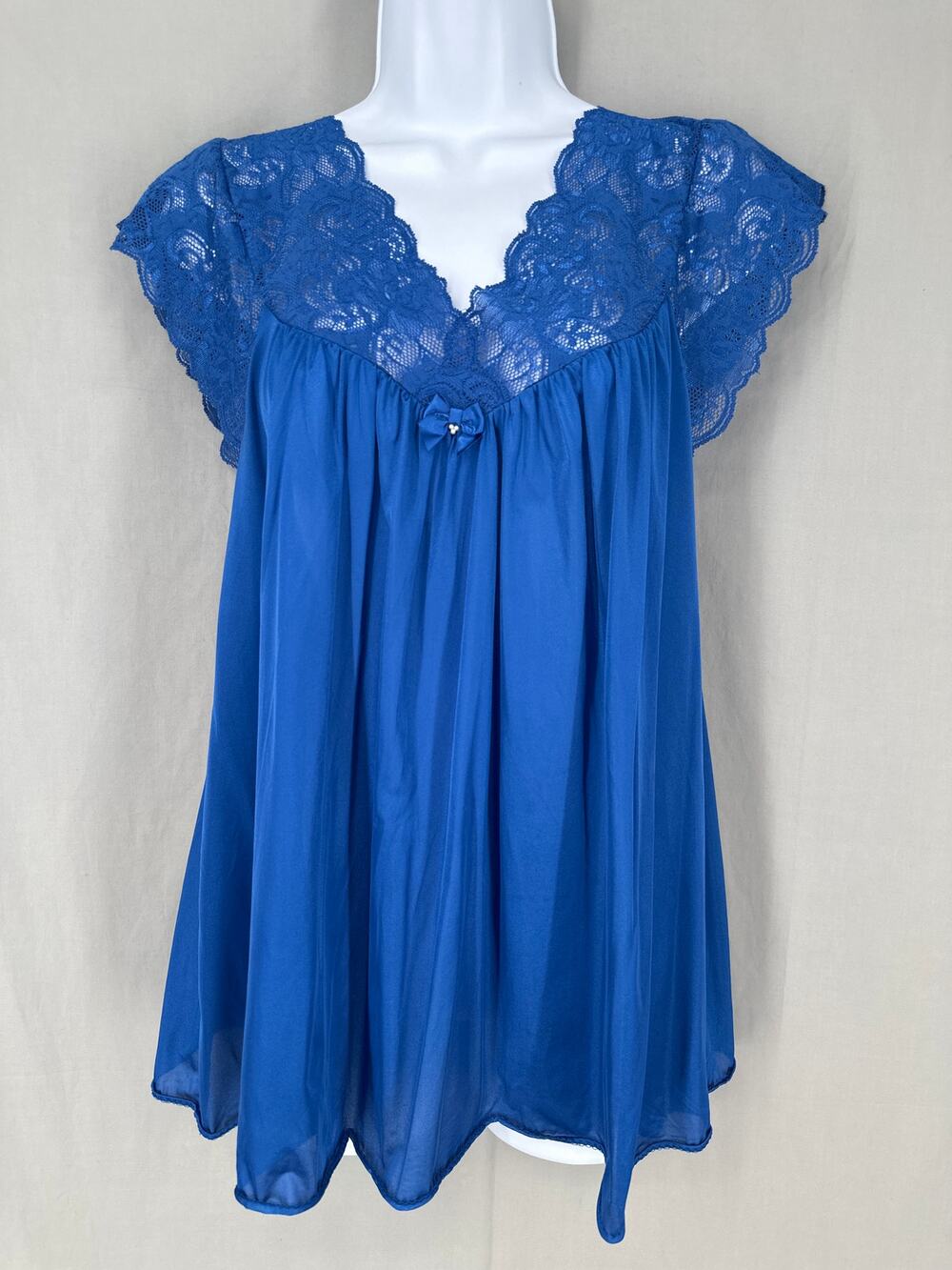 90s Vintage Top Womens Large Blue Lace Flowy Slinky Bow Cottage Coquette Sleep